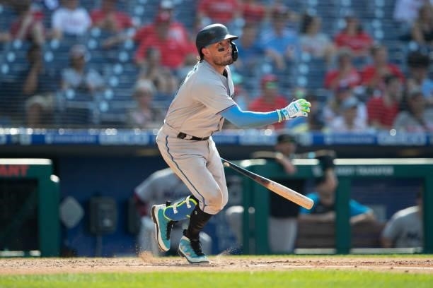 Miguel Rojas of the Miami Marlins bats against the Philadelphia Phillies during Game One of the doubleheader at Citizens Bank Park on July 16, 2021...