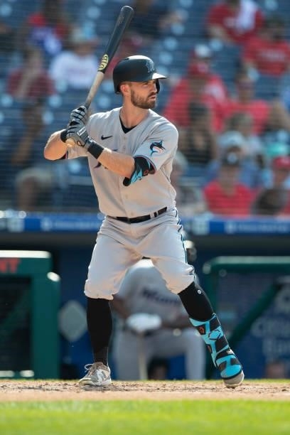 Jon Berti of the Miami Marlins bats against the Philadelphia Phillies during Game One of the doubleheader at Citizens Bank Park on July 16, 2021 in...
