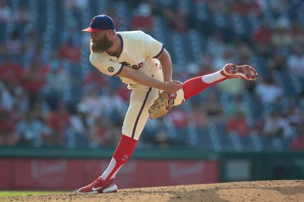 Archie Bradley of the Philadelphia Phillies throws a pitch against the Miami Marlins during Game One of the doubleheader at Citizens Bank Park on...