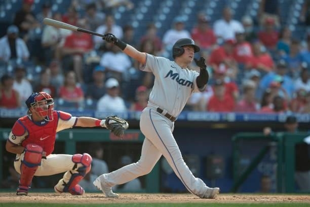 Joe Panik of the Miami Marlins bats against the Philadelphia Phillies during Game One of the doubleheader at Citizens Bank Park on July 16, 2021 in...