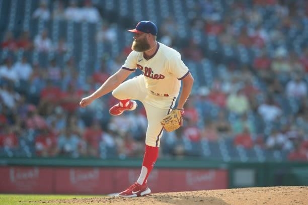 Archie Bradley of the Philadelphia Phillies throws a pitch against the Miami Marlins during Game One of the doubleheader at Citizens Bank Park on...