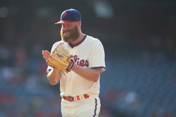 Archie Bradley of the Philadelphia Phillies reacts against the Miami Marlins during Game One of the doubleheader at Citizens Bank Park on July 16,...