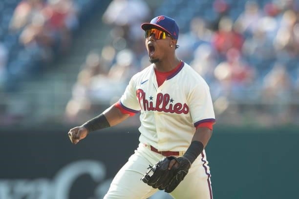 Jean Segura of the Philadelphia Phillies reacts against the Miami Marlins during Game One of the doubleheader at Citizens Bank Park on July 16, 2021...
