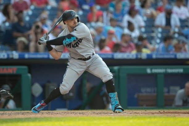 Adam Duvall of the Miami Marlins bats against the Philadelphia Phillies during Game One of the doubleheader at Citizens Bank Park on July 16, 2021 in...