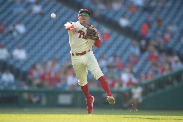 Ronald Torreyes of the Philadelphia Phillies throws the ball to first base against the Miami Marlins during Game One of the doubleheader at Citizens...
