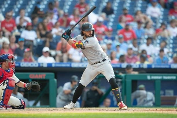 Jorge Alfaro of the Miami Marlins bats against the Philadelphia Phillies during Game One of the doubleheader at Citizens Bank Park on July 16, 2021...