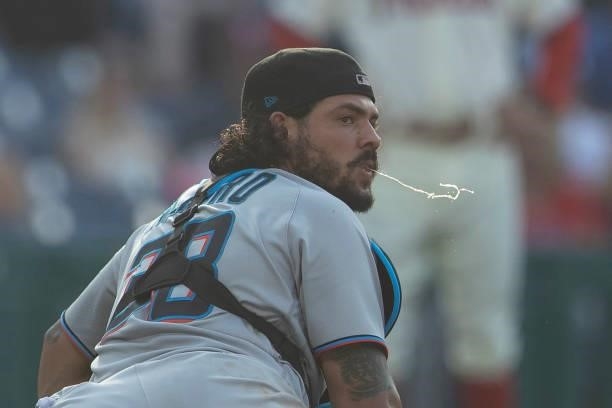 Jorge Alfaro of the Miami Marlins spits against the Philadelphia Phillies during Game One of the doubleheader at Citizens Bank Park on July 16, 2021...