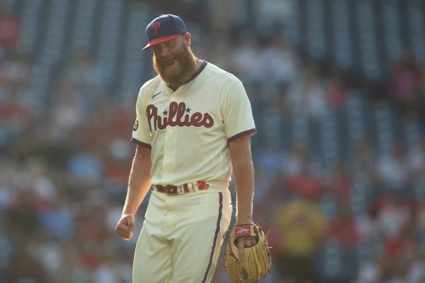 Archie Bradley of the Philadelphia Phillies reacts against the Miami Marlins during Game One of the doubleheader at Citizens Bank Park on July 16,...