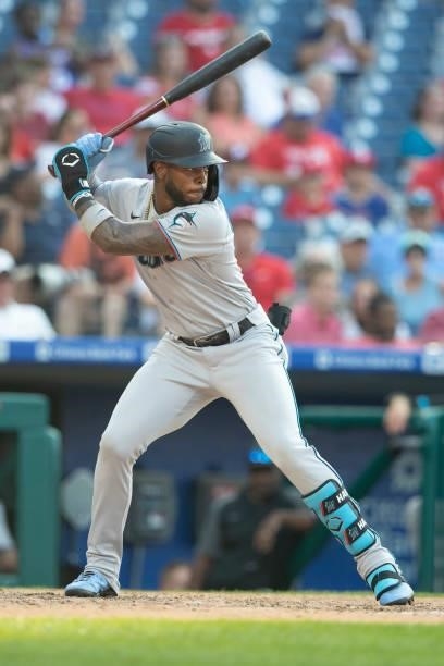 Monte Harrison of the Miami Marlins bats against the Philadelphia Phillies during Game One of the doubleheader at Citizens Bank Park on July 16, 2021...