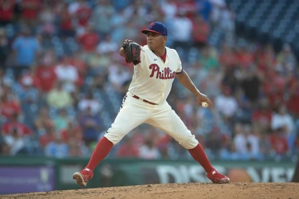 Ranger Suarez of the Philadelphia Phillies throws a pitch against the Miami Marlins during Game One of the doubleheader at Citizens Bank Park on July...