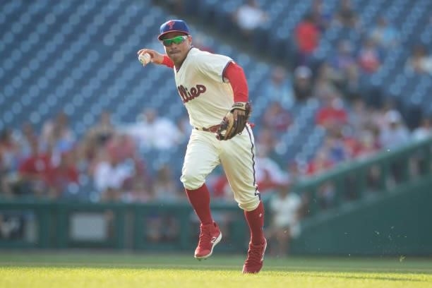 Ronald Torreyes of the Philadelphia Phillies throws the ball to first base against the Miami Marlins during Game One of the doubleheader at Citizens...