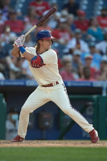 Luke Williams of the Philadelphia Phillies bats against the Miami Marlins during Game One of the doubleheader at Citizens Bank Park on July 16, 2021...