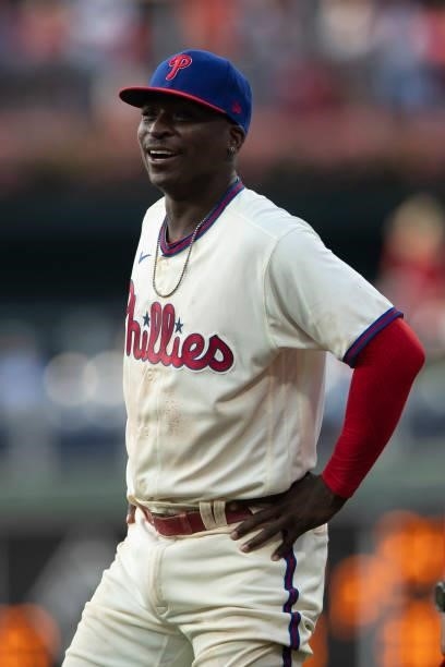 Didi Gregorius of the Philadelphia Phillies reacts against the Miami Marlins during Game Two of the doubleheader at Citizens Bank Park on July 16,...