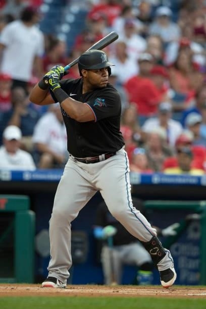 Jesus Aguilar of the Miami Marlins bats against the Philadelphia Phillies during Game Two of the doubleheader at Citizens Bank Park on July 16, 2021...