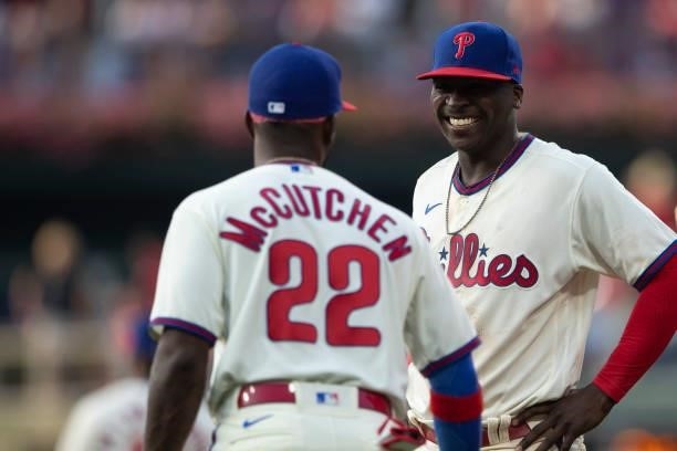 Didi Gregorius of the Philadelphia Phillies talks to Andrew McCutchen against the Miami Marlins during Game Two of the doubleheader at Citizens Bank...
