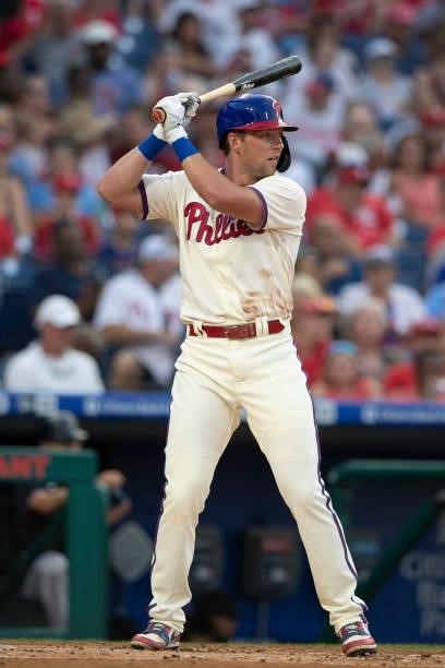 Rhys Hoskins of the Philadelphia Phillies bats against the Miami Marlins during Game Two of the doubleheader at Citizens Bank Park on July 16, 2021...