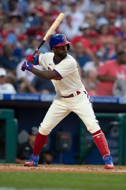 Andrew McCutchen of the Philadelphia Phillies bats against the Miami Marlins during Game Two of the doubleheader at Citizens Bank Park on July 16,...