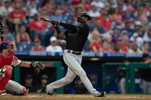 Magneuris Sierra of the Miami Marlins bats against the Philadelphia Phillies during Game Two of the doubleheader at Citizens Bank Park on July 16,...