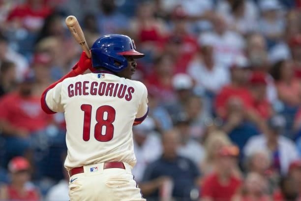 Didi Gregorius of the Philadelphia Phillies bats against the Miami Marlins during Game Two of the doubleheader at Citizens Bank Park on July 16, 2021...