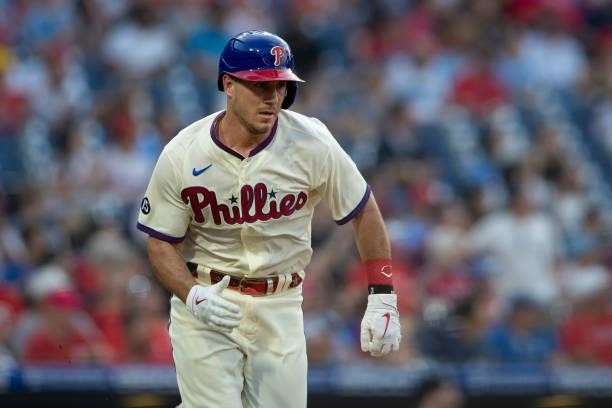 Realmuto of the Philadelphia Phillies runs to first base against the Miami Marlins during Game Two of the doubleheader at Citizens Bank Park on July...