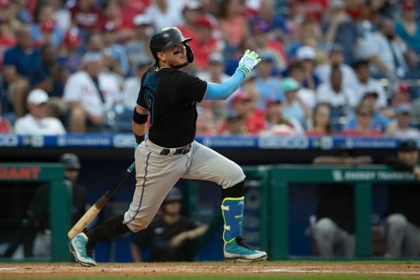 Miguel Rojas of the Miami Marlins bats against the Philadelphia Phillies during Game Two of the doubleheader at Citizens Bank Park on July 16, 2021...