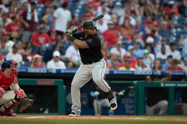Jesus Aguilar of the Miami Marlins bats against the Philadelphia Phillies during Game Two of the doubleheader at Citizens Bank Park on July 16, 2021...