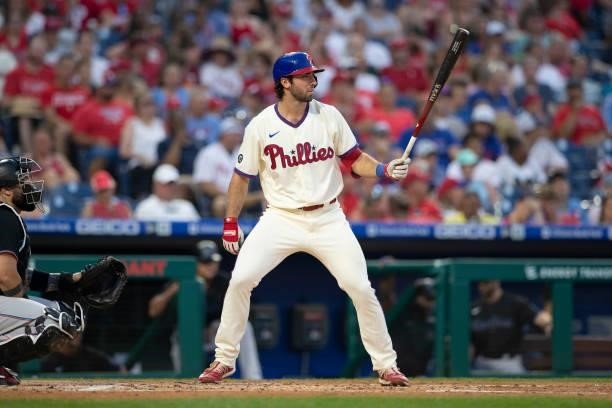 Matt Vierling of the Philadelphia Phillies bats against the Miami Marlins during Game Two of the doubleheader at Citizens Bank Park on July 16, 2021...