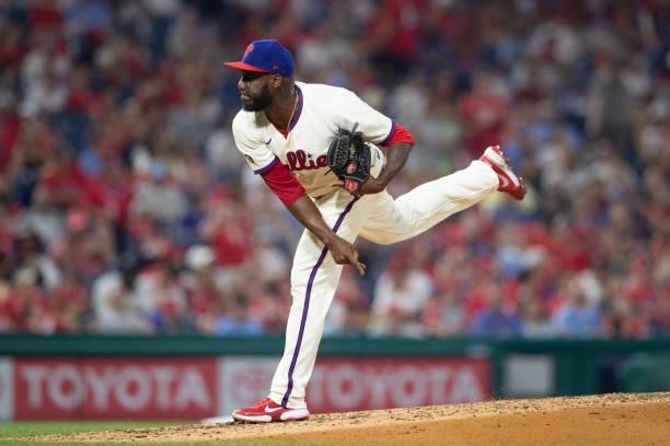 Enyel De Los Santos of the Philadelphia Phillies throws a pitch against the Miami Marlins during Game Two of the doubleheader at Citizens Bank Park...