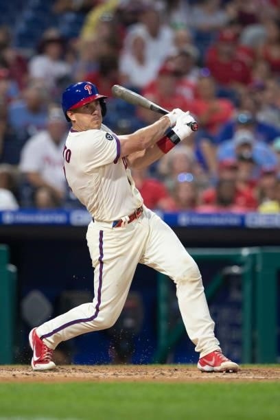 Realmuto of the Philadelphia Phillies bats against the Miami Marlins during Game Two of the doubleheader at Citizens Bank Park on July 16, 2021 in...
