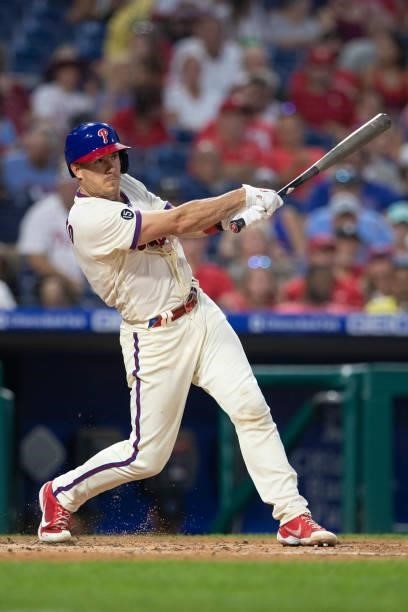 Realmuto of the Philadelphia Phillies bats against the Miami Marlins during Game Two of the doubleheader at Citizens Bank Park on July 16, 2021 in...