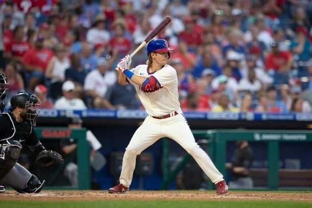 Luke Williams of the Philadelphia Phillies bats against the Miami Marlins during Game Two of the doubleheader at Citizens Bank Park on July 16, 2021...