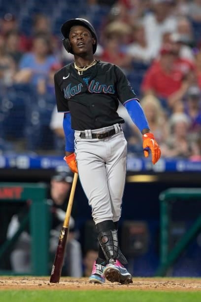 Jazz Chisholm Jr. #2 of the Miami Marlins bats against the Philadelphia Phillies during Game Two of the doubleheader at Citizens Bank Park on July...