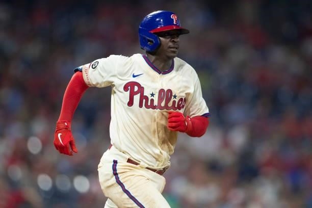 Didi Gregorius of the Philadelphia Phillies runs to first base against the Miami Marlins during Game Two of the doubleheader at Citizens Bank Park on...