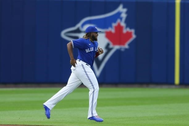 Vladimir Guerrero Jr. #27 of the Toronto Blue Jays takes the field before the game against the Texas Rangers at Sahlen Field on July 16, 2021 in...