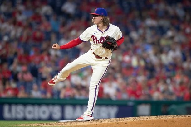 Hammer of the Philadelphia Phillies throws a pitch against the Miami Marlins during Game Two of the doubleheader at Citizens Bank Park on July 16,...