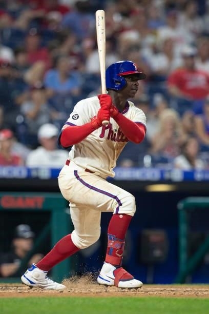 Didi Gregorius of the Philadelphia Phillies bats against the Miami Marlins during Game Two of the doubleheader at Citizens Bank Park on July 16, 2021...