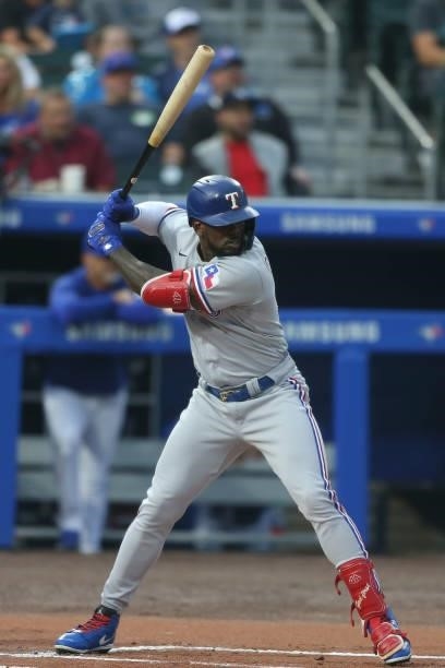 Adolis Garcia of the Texas Rangers at bat during the first inning against the Toronto Blue Jays at Sahlen Field on July 16, 2021 in Buffalo, New York.