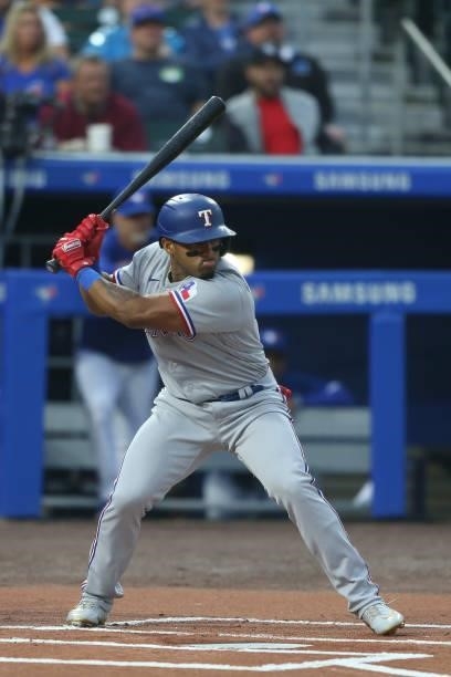 Andy Ibanez of the Texas Rangers at bat during the first inning against the Toronto Blue Jays at Sahlen Field on July 16, 2021 in Buffalo, New York.