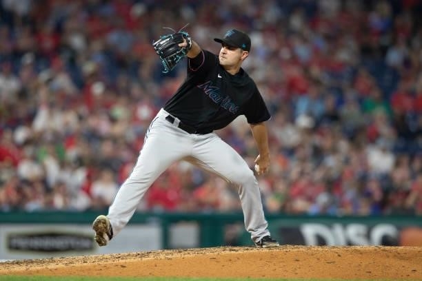 Richard Bleier of the Miami Marlins throws a pitch against the Philadelphia Phillies during Game Two of the doubleheader at Citizens Bank Park on...