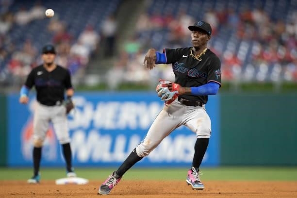 Jazz Chisholm Jr. #2 of the Miami Marlins throws the ball to first base against the Philadelphia Phillies during Game Two of the doubleheader at...