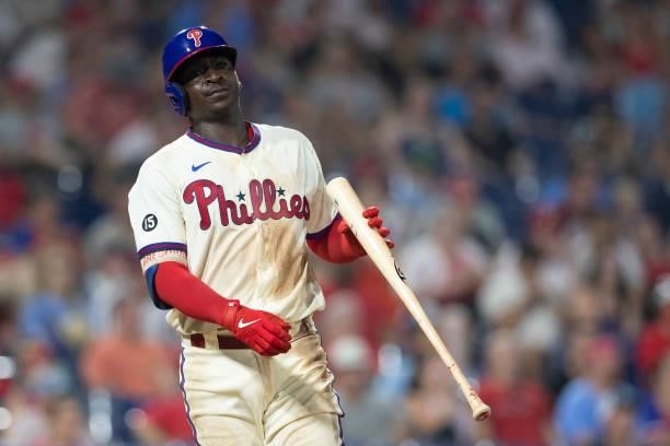 Didi Gregorius of the Philadelphia Phillies looks on against the Miami Marlins during Game Two of the doubleheader at Citizens Bank Park on July 16,...