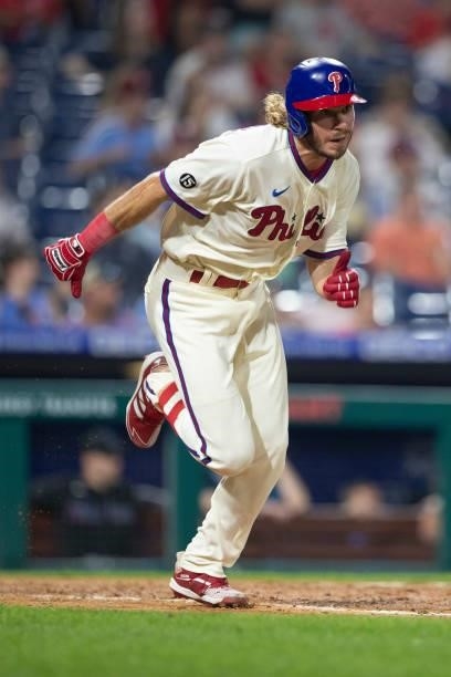Travis Jankowski of the Philadelphia Phillies runs to first base against the Miami Marlins during Game Two of the doubleheader at Citizens Bank Park...