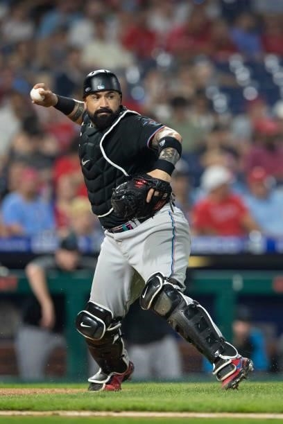 Sandy Leon of the Miami Marlins throws the ball to first base against the Philadelphia Phillies during Game Two of the doubleheader at Citizens Bank...