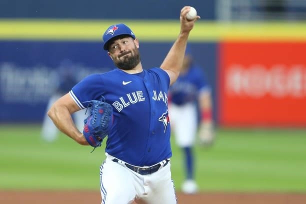 Robbie Ray of the Toronto Blue Jays throws a pitch during the second inning against the Texas Rangers at Sahlen Field on July 16, 2021 in Buffalo,...