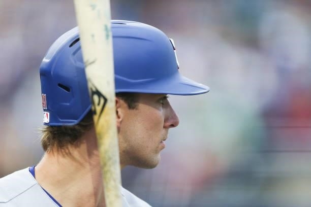 Eli White of the Texas Rangers on deck during the second inning against the Toronto Blue Jays at Sahlen Field on July 16, 2021 in Buffalo, New York.
