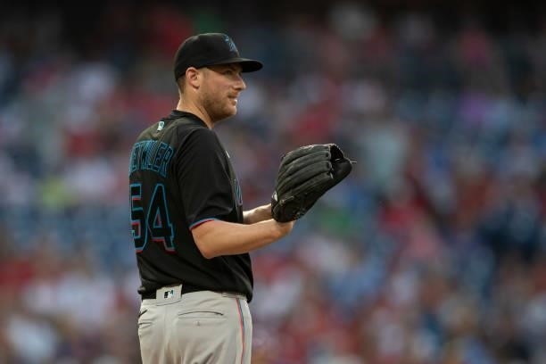 Ross Detwiler of the Miami Marlins looks on against the Philadelphia Phillies during Game Two of the doubleheader at Citizens Bank Park on July 16,...