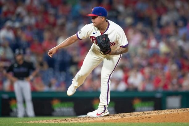 Mauricio Llovera of the Philadelphia Phillies throws a pitch against the Miami Marlins during Game Two of the doubleheader at Citizens Bank Park on...