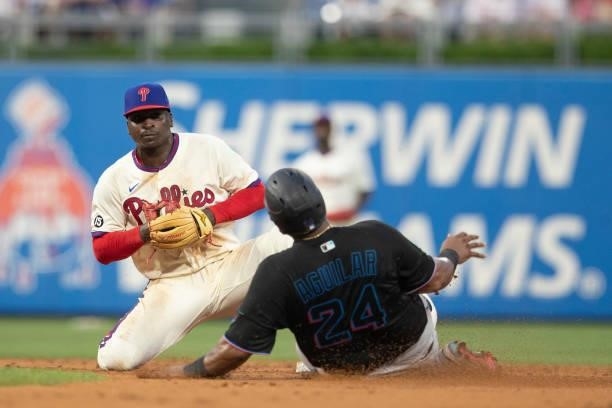 Didi Gregorius of the Philadelphia Phillies forces out Jesus Aguilar of the Miami Marlins during Game Two of the doubleheader at Citizens Bank Park...