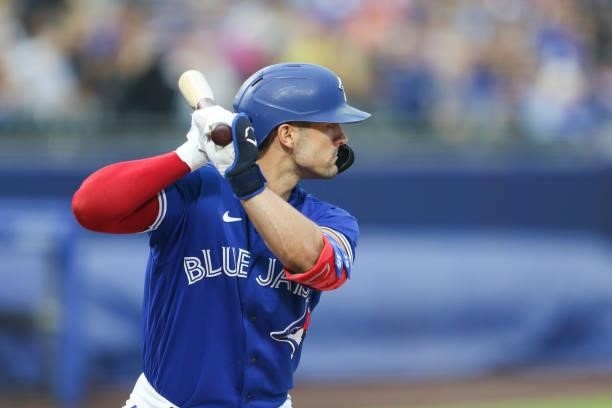 Randal Grichuk of the Toronto Blue Jays at bat during the second inning against the Texas Rangers at Sahlen Field on July 16, 2021 in Buffalo, New...