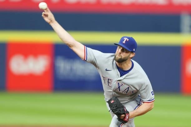 Jordan Lyles of the Texas Rangers throws a pitch during the second inning against the Toronto Blue Jays at Sahlen Field on July 16, 2021 in Buffalo,...